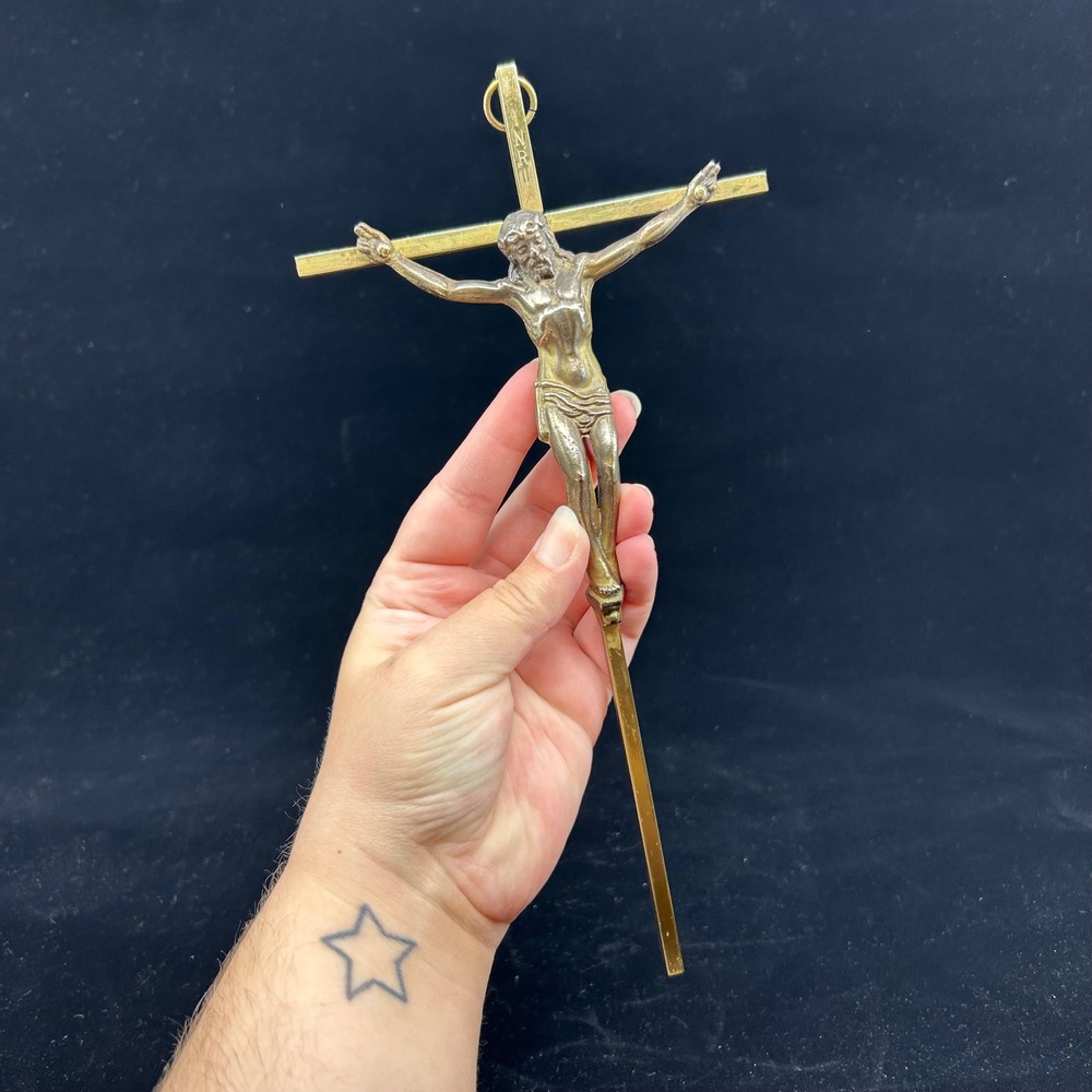 Vintage Brass Crucifix Cross Religious Wall Cross Altar Decor Jesus 10 inches